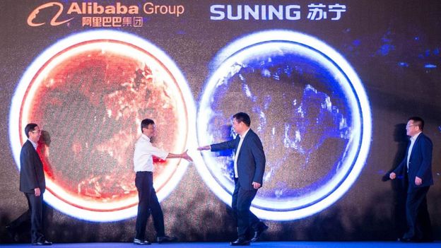 Tháng 8 năm ngoái, Jack Ma chi 4,5 tỷ USD mua lại cổ phần ở hãng bán lẻ Suning. Ảnh: BBc