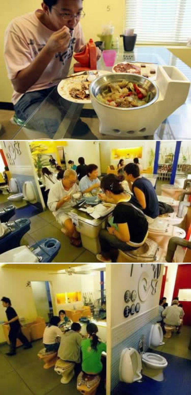 Nhà hàng Marton Theme, Đài Loan, Trung Quốc: Toàn bộ nhà hàng được bày trí theo kiểu một nhà vệ sinh. Thức ăn phục vụ khách được đặt trong các loại bát có thiết kế giống như bồn cầu, và ghế ngồi cũng là các bồn cầu giả. Mặc dù khung cảnh có vẻ không phù hợp với việc ăn uống cho lắm, nhưng nhà hàng đã nhận được nhiều phản hồi rất tích cực từ thực khách về chất lượng đồ ăn. Hãy đến thăm và thưởng thức những món ăn ngon ở nhà hàng đặc biệt này – Nhà hàng Marton Theme, Đài Loan. Bữa ăn giá rẻ có cả súp và kem chỉ tốn khoảng 6 đến 10 đô (tương đương 130 đến 220 nghìn đồng).