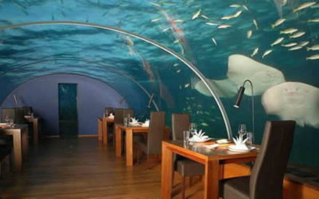 Nhà hàng Ithaa, Maldives: Nhà hàng dưới đại dương đầu tiên trên thế giới được giới thiệu tới mọi người từ tháng 4, 2007 tại quần đảo Maldives xinh đẹp. Cái tên có ý nghĩa là thấp hơn mực nước ở Ấn Độ Dương chừng 5m. Đến đây, thực khách sẽ được thưởng thức những bữa ăn tuyệt ngon, trong một không gian như ở dưới đại dương thực sự.