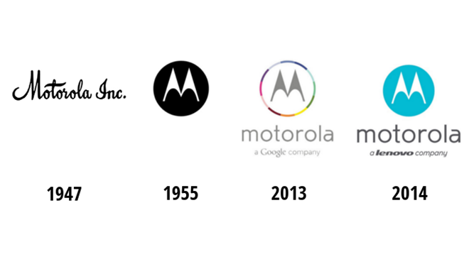 Logo “cánh dơi” nổi tiếng của Motorola được giới thiệu năm 1955 khi phát hành cổ phiếu lần đầu và không thay đổi quá nhiều kể từ thời điểm đó. Năm 2013, bên dưới chữ Motorola là “a Google company” và năm 2014 là “a lenovo company”, xác định hai giai đoạn Motorola được Google và Lenovo mua lại.