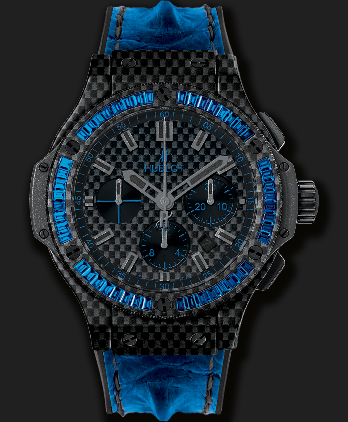 Hublot Big Bang Carbon Bezel Baguette Blue Sapphires là mẫu đồng hồ thể thao màu xanh ngọc bích này được trang bị vòng bezels sợi carbon và dây đeo được làm từ cao su tự nhiên sẽ là lựa chọn tốt nhất cho những cô nàng cá tính, mạnh mẽ và yêu thích thể thao. Ngoài ra, đồng hồ cũng được trang bị cơ chế Chronograph với vòng xem thời gian dial phụ ở vị trí 6h. Mặt trước và mặt sau của chiếc đồng hồ được trang bị mặt kính Sapphire trong suốt, chống lóa.