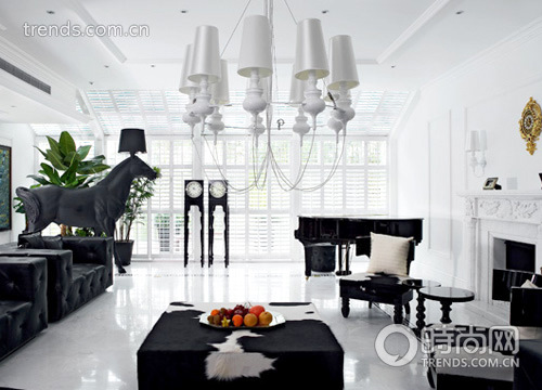 Gam màu đen trắng là gam màu yêu thích của cả hai vợ chồng, tạo nên nét đẹp đơn giản nhưng hiện đại và tinh tế. Phòng khách có diện tích rộng trở nên bớt trống trải và sang trọng hơn khi đặt sofa lớn bằng da cao cấp