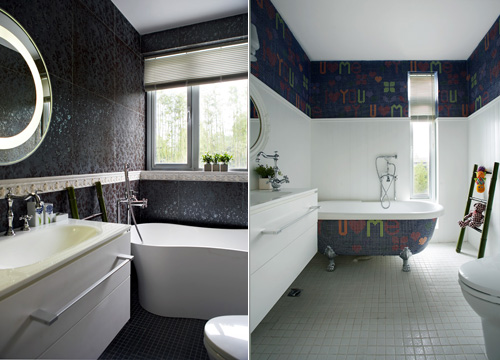 Phòng tắm của người lớn được lát gạch men ghi xám sạch sẽ, gắn gương lớn bóng bẩy và phòng tắm của bé lát đá sắc màu mang phong cách tinh nghịch 