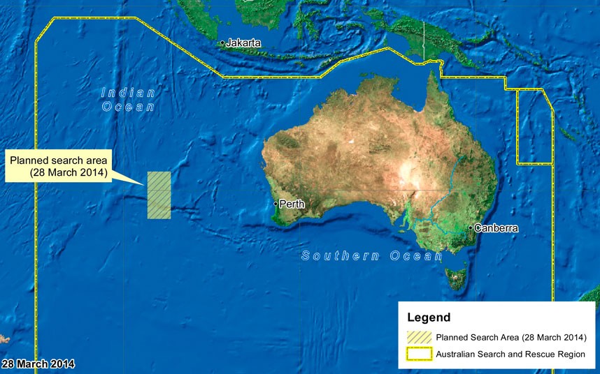 Khu vực tìm kiếm máy bay mất tích MH370 nằm ngoài khơi bờ biển phía Tây của Australia