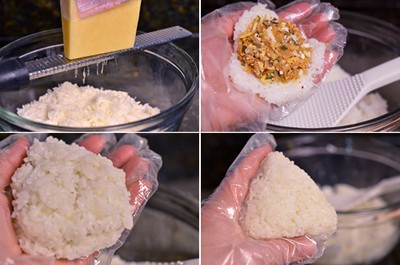 Bước 9: Bào phô mai Parmesan rồi trộn chung với xôi, thêm một chút gia vị cho vừa ăn. Sau đó, đặt nhân kim chi vào giữa viên xôi đã cán dẹt và viên lại theo hình mà bạn thích.