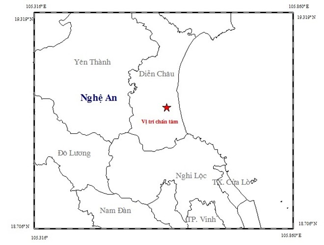 Vị trí xảy ra động đất tại Nghệ An