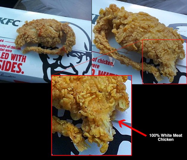 Bức hình mà KFC đã lật ngược lại, cho thấy chỗ gà rán KFC bị cắn vào là thịt ức gà đã được nấu chín