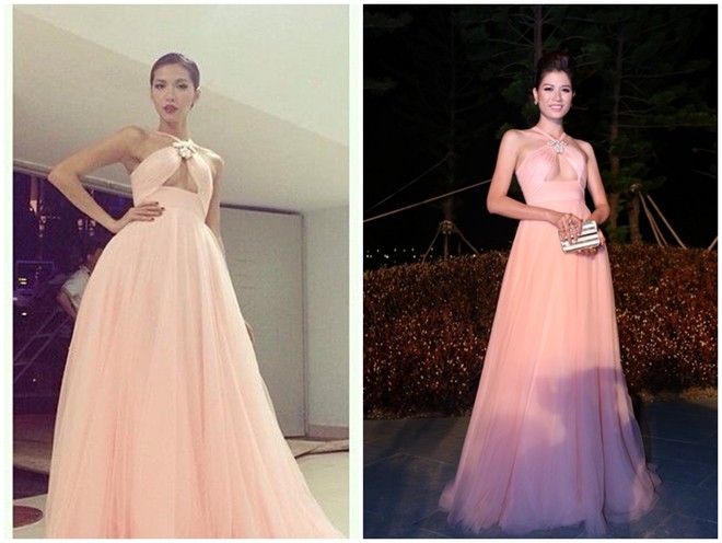Bộ váy tông màu hồng nhã nhặn của NTK Chung Thanh Phong đưa Trang Trần vào danh sách mặc đẹp của tuần. Thế nhưng, trước đó, Minh Tú cũng từng sở hữu một mẫu váy tương tự.