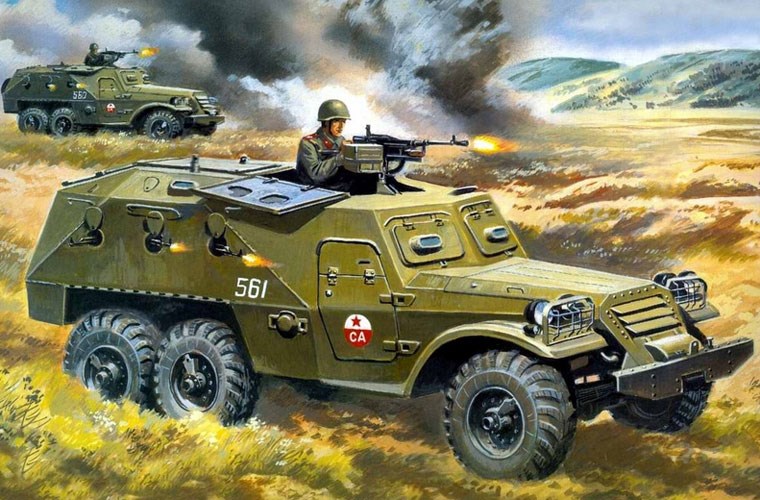 Tranh vẽ xe thiết giáp chở quân BTR-152 hành tiến.