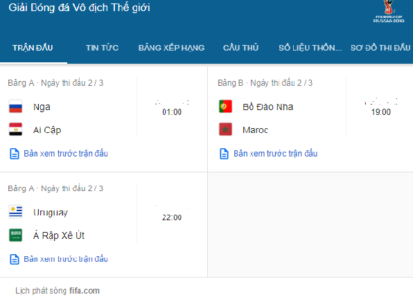 Lịch thi đấu World Cup 2018 hôm nay (20/6). Ảnh cập nhật: Internet Lịch thi đấu World Cup 2018 hôm nay (20/6). Ảnh cập nhật: Internet