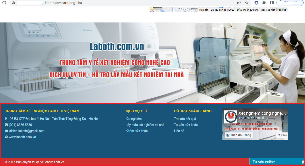  http://www.laboth.com.vn gắn với tên Trung tâm xét nghiệm Labo TH Việt Nam cung cấp dịch vụ “Lấy mẫu xét nghiệm tại nhà” chưa thông báo và đăng ký với Bộ Công Thương. Ảnh chụp màn hình từ trang http://www.laboth.com.vn