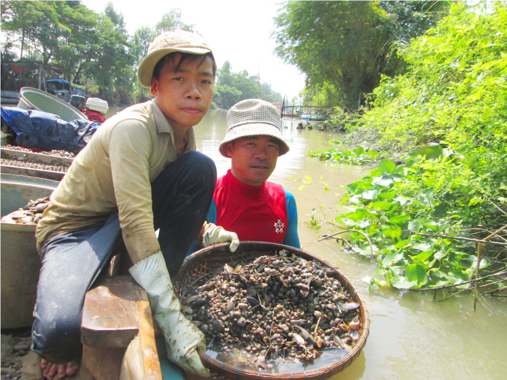 Em Võ Văn Lộc (14 tuổi) do gia đình khó khăn nên bỏ học sớm phụ cha đi cào hến. Ảnh Dân Trí