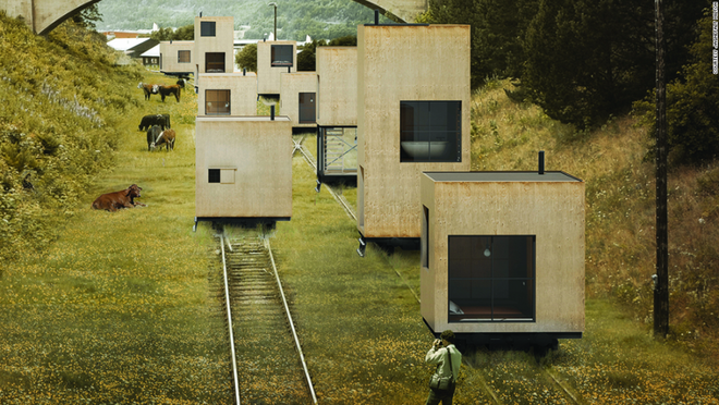 Những ngôi nhà di động trên đường ray tại Na Uy là tác phẩm của nhóm kiến trúc sư Thụy Điển Jagnetfait Milton