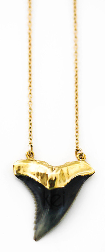 Dây chuyền răng cá mập: Mặt dây chuyền lộng lẫy tuyệt đẹp được làm từ một chiếc răng cá mập thật sẫm màu nhúng trong vàng 24K. Hoàn hảo và sắc sảo, món trang sức của hãng Kei có giá $70 trên trang keijewelry.com.