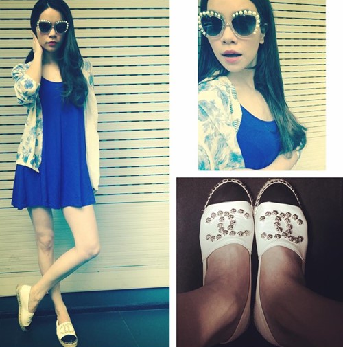 Dạo phố với mắt kính và giầy đến từ thương hiệu Chanel, Hà Hồ cũng bật bí cô mua đến vài đôi giầy này cùng một mẫu vì quá yêu thích.