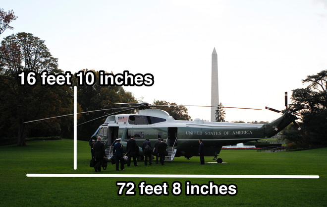 Chiếc trực thăng Marine One có chiều dài hơn 22 mét và cao 5,13 mét này sẽ theo sát tổng thống Mỹ Obama trong suốt chuyến thăm Việt Nam.