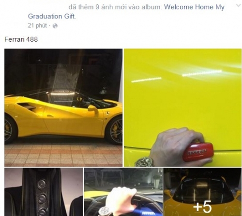 Mới đây, Phan Hoàng vừa khoe món quà tốt nghiệp trị giá gần 16 tỷ đồng lên mạng xã hội. Đó chính là chiếc siêu xe Ferrari 488 GTB màu vàng rực rỡ khiến nhiều người ghen tỵ.