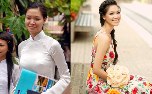 Hoa hậu Thùy Dung thời áo trắng và sau khi đăng quang không khác nhau là mấy ngoại trừ màu da và đường nét trên khuôn mặt sắc sảo hơn nhờ trang điểm.
