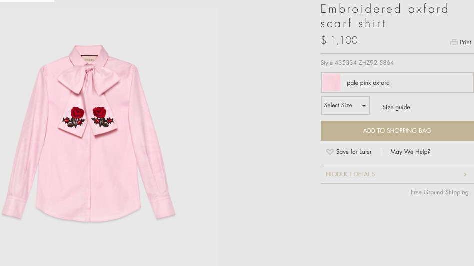 Chiếc áo sơ mi màu hồng thạch anh có thêu hoa hồng đẹp mắt cũng đồng giá với item trên, 1.100 USD (khoảng 25 triệu đồng).