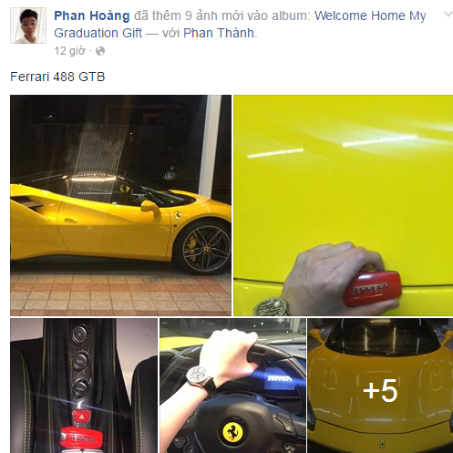 Mới đây, cậu em trai Phan Hoàng của thiếu gia Phan Thành đã khiến nhiều người không khỏi ganh tỵ khi ''khoe'' món quà tốt nghiệp trị giá 14 tỷ đồng lên mạng xã hội. Đó chính là chiếc siêu xe Ferrari 488 GTB màu vàng.