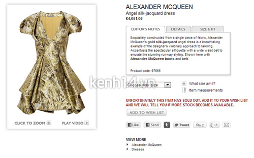 Chiếc váy của Alexander McQueen này có giá 700 triệu đồng. Nhưng theo một số nguồn đưa ra thì hiện item này đang dừng lại ở mức giá 140 triệu đồng.