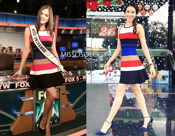 Cách đây không lâu, Hoa hậu Hoàn vũ Pia Wurtzbach “đụng hàng” Phạm Hương với  mẫu đầm ngắn của hãng Karen Millen, có giá khá bình dân - hơn 6 triệu đồng. 