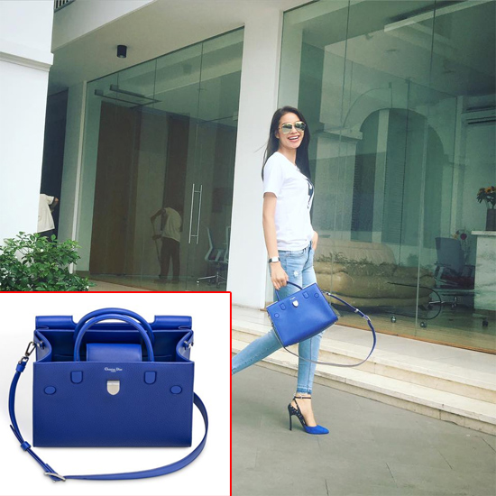 Phạm Hương nổi bật với chiếc túi gam màu xanh hiệu Diorever. Giá chiếc túi tùy theo từng kích cỡ có giá từ khoảng 3000 USD đến 3.900 USD  (từ 65 triệu đến 85 triệu đồng).