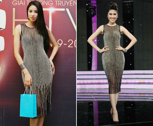 Phạm Hương và siêu mẫu Trần Thu Hằng đều xinh đẹp rạng rỡ và nhận được nhiều lời khen ngợi khi diện cùng một mẫu váy xuyên thấu đính saquin