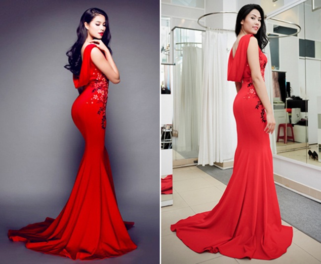 Nguyễn Thị Loan cũng từng thử mặc mẫu váy này trong dịp chọn đồ mặc đi London dự thi Hoa hậu Thế giới