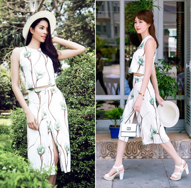 Hai hoa hậu 9X Phạm Hương, Đặng Thu Thảo mỗi người một vẻ trong bộ trang phục gam màu trắng trẻ trung với họa tiết hoa mùa hè gam xanh tươi mát.