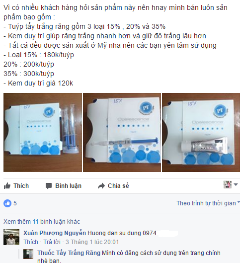  Lời rao bán trên một trang Facebook bán thuốc tẩy trắng răng