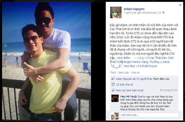 Adam Nguyễn còn tiết lộ: Cao Thái Sơn chính là người chủ động trong mối quan hệ đồng giới này và khẳng định: Nam ca sỹ này là người ham của lạ. 