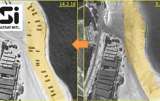 Bãi biển đảo Phú Lâm thuộc quần đảo Hoàng Sa của Biển Đông Việt Nam trống trơn hôm 3/2 (phải) và tràn ngập bệ phóng tên lửa hôm 14/2 (trái)