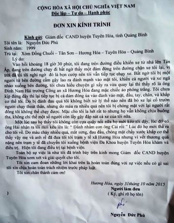 Đơn trình bày vụ việc tố công an đánh người của em Nguyễn Đức Phú gửi đến các cơ quan chức năng