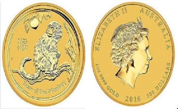 Đồng tiền xu 1 Đô-la Úc được Chính phủ Australia phát hành nhân dịp Tết Bính Thân 2016 với hai dạng mạ vang và bạc tinh xảo.  
