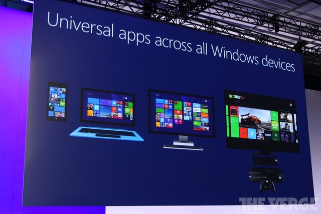 Microsoft cũng giới thiệu về các ứng dụng Windows dùng chung - 1 cách để giúp các lập trình viên viết 1 ứng dụng duy nhất có thể chạy được trên mọi thiết bị Windows gồm điện thoại Windows Phone, tablet, PC, và Xbox One.