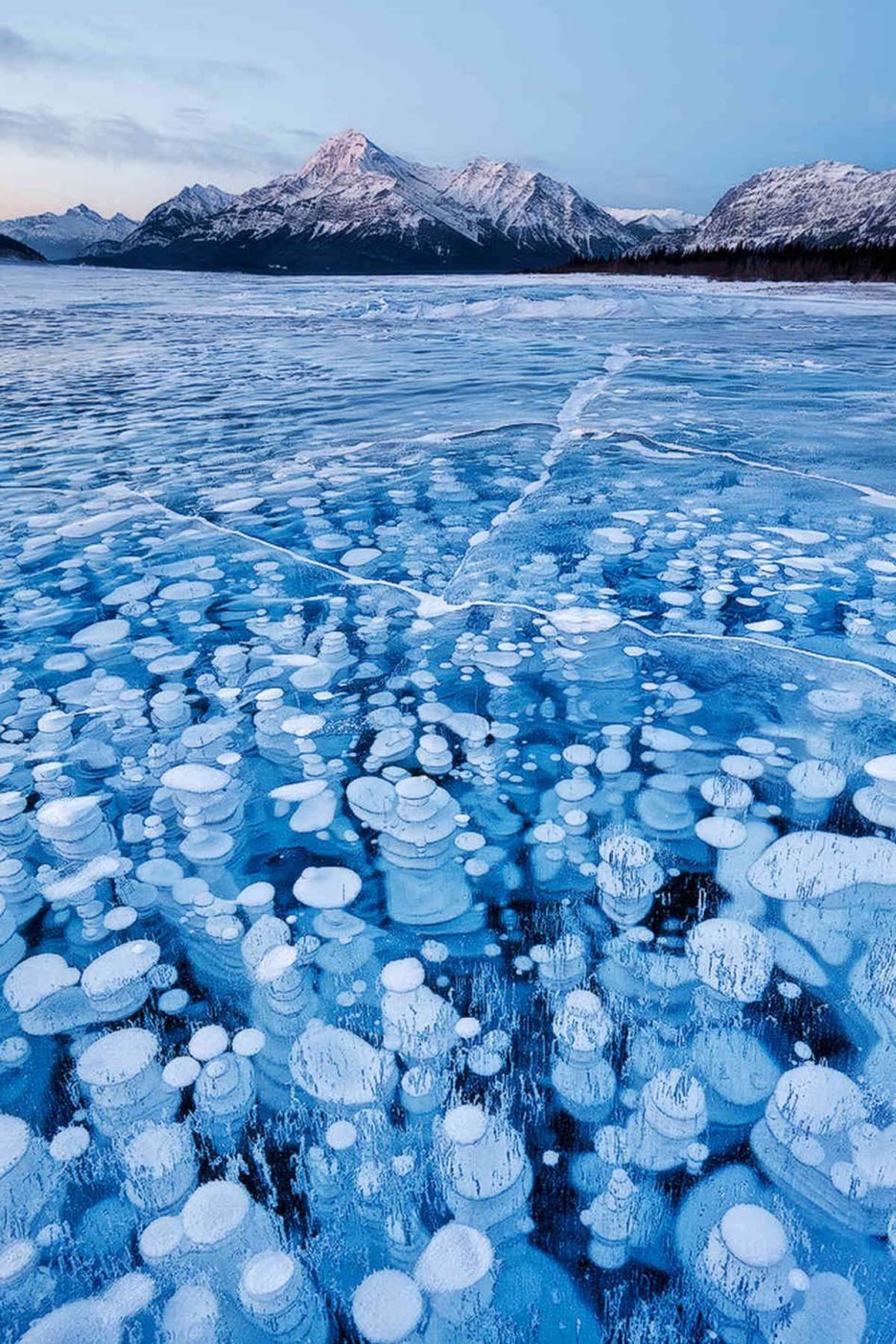 Bong bóng khí mê-tan đông lạnh Khí mê-tan hình bong bóng là chất hữu cơ nên chìm xuống đáy biển và là môi trường ưa thích của vi khuẩn. Khi mê-tan bị mắc kẹt trong băng, nó sẽ tạo ra cảnh tượng như vậy. Không cần ánh sáng chiếu vào thì khí này cũng sẽ tự thoát ra ngoài.