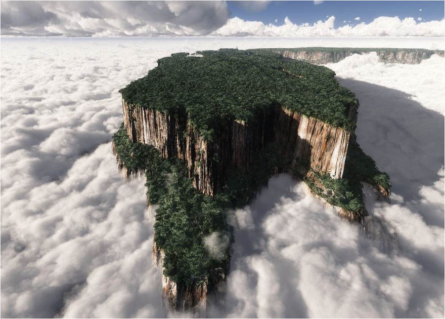 Núi Roraima, Venezuela: Núi Roraima là ngọn núi đỉnh bằng cao và nổi tiếng nhất xứ Venezuela, cũng được xem là biên giới giữa ba quốc gia Venezuela, Brazil và Guyana, nó thuộc địa phận Vườn quốc gia Canaima với diện tích toàn khu là 30.000 km2. 