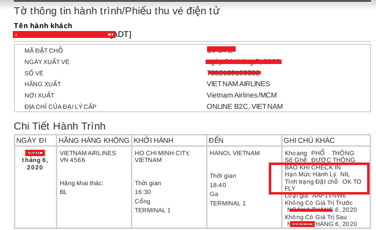 Khi hãng hàng không Vietnam Airlines gửi vé về nếu khách hàng không tinh ý sẽ không thể nhận biết được vé không có hành lý kí gửi và suất ăn. Chưa kể, việc hành lý xách tay cũng không ghi rõ ràng. 