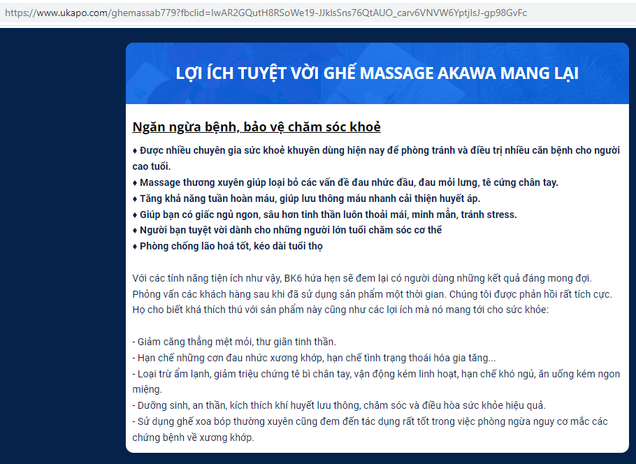 Ghế massage Akawa tự nhận có công dụng trị bệnh, lừa dối người tiêu dùng?