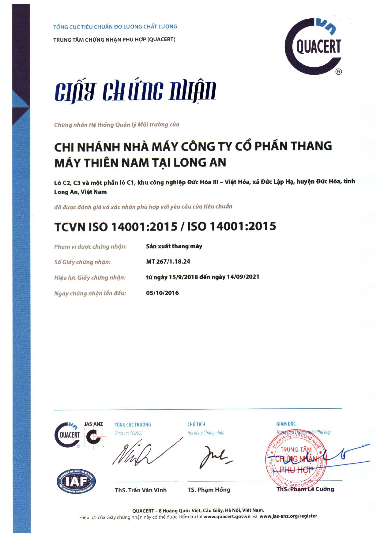 Áp dụng tiêu chuẩn ISO 14001:2010 tại Công ty Cổ phần Thang máy Thiên Nam