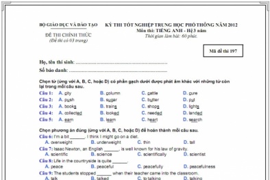 Đáp án đề thi tốt nghiệp THPT môn Tiếng Anh năm 2014