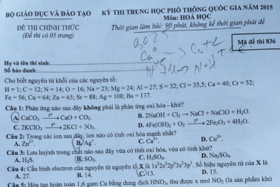 Đáp án đề thi môn Hóa kỳ thi THPT Quốc gia năm 2015