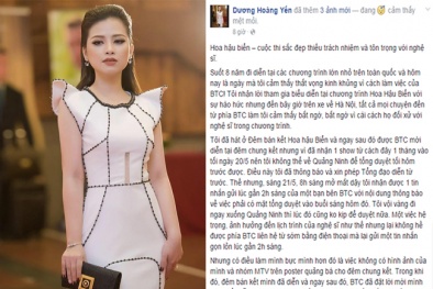 Ca sĩ Dương Hoàng Yến 'tố' BTC Hoa hậu biển 'thiếu tôn trọng nghệ sĩ'