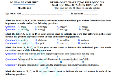 Đáp án thi thử Tiếng Anh kỳ thi THPT Quốc gia của Sở GD&ĐT Vĩnh Phúc