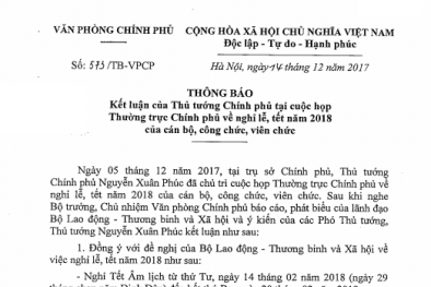 Tết Nguyên đán Mậu Tuất 2018: Chính phủ quyết định nghỉ 7 ngày