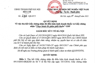 Thu hồi giấy chứng nhận kinh doanh thuốc và giấy chứng nhận GDP của Dược phẩm Ba Đình
