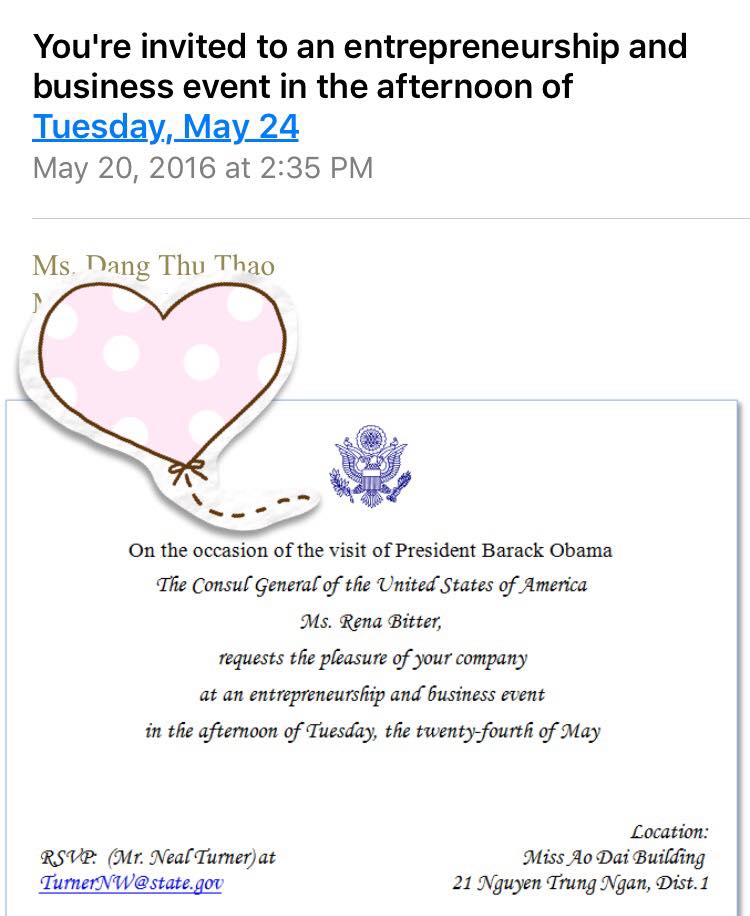 Lời mời Đặng Thu Thảo đến dự lễ đón tiếp Tổng thống Obama từ Tổng lãnh sự quán Mỹ
