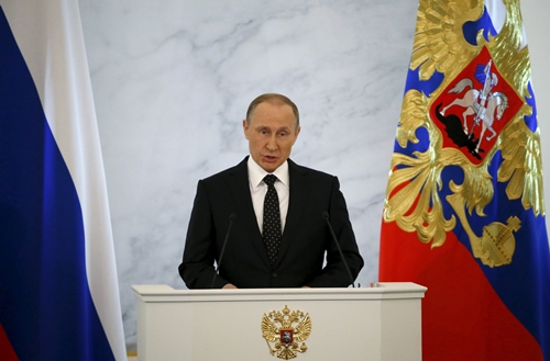  Tổng thống Nga Vladimir Putin phát biểu trong thông điệp liên bang hôm nay. Ảnh:Reuters