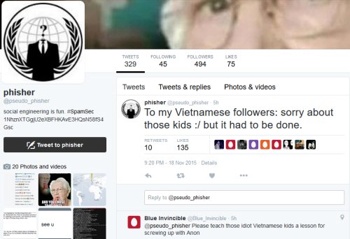 Hacker Phisher khẳng định đã có 5 thanh niên Việt Nam mạo danh khủng bố IS và tấn công vào webchat của Anonymous